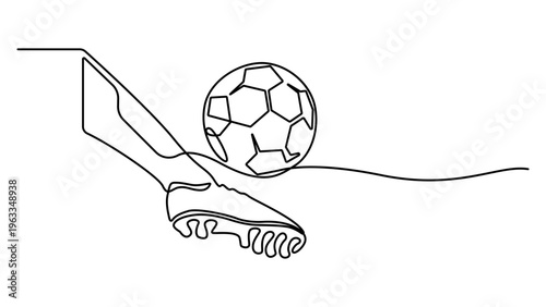 Leg kick ball in one continuous single line art drawing style. Single one line drawing football shoes and soccer ball. Football sport concept illustration
