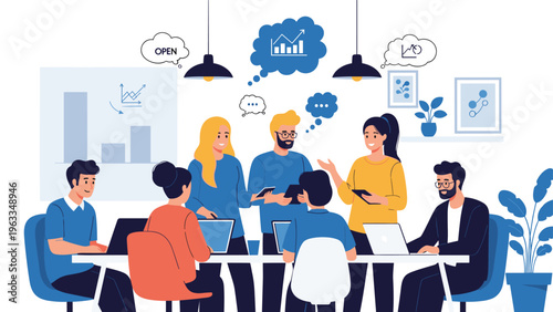 Dedicated team of coworkers holds a productive business meeting to discuss company growth and analyze complex data on laptop screens.