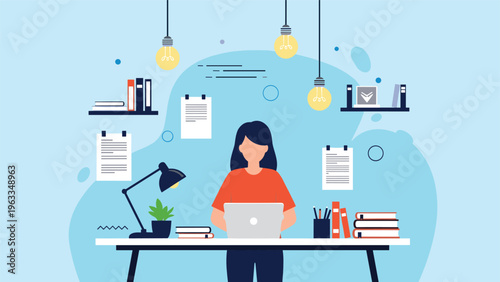 Focused young woman works on her laptop at a desk surrounded by floating light bulbs representing creative ideas and focused study.