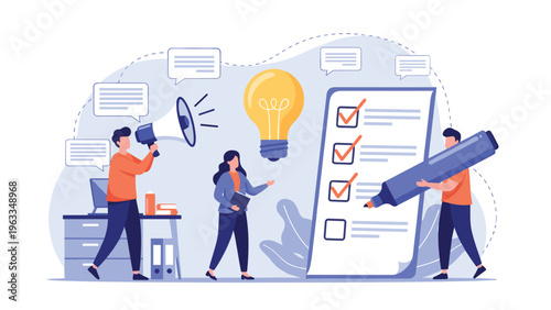 Collaborative business team uses a megaphone and a large checklist with a light bulb icon to brainstorm and manage innovative projects.