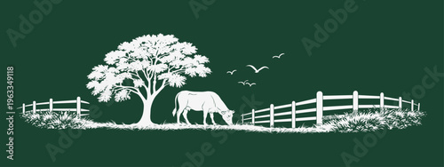 Cow grazing in pasture with fence flat minimal illustration
