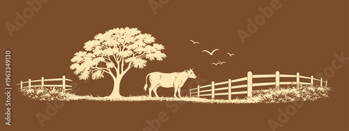 Cow in pasture with fence minimal rural flat vector