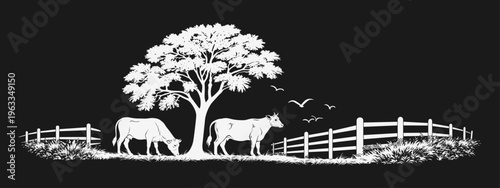 Obraz na plátne Black and white farm scene with cows tree and fences