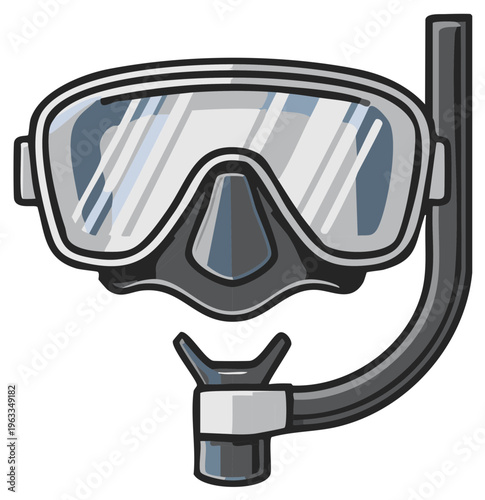 Close up of a black and grey diving mask and snorkel equipment for underwater exploration