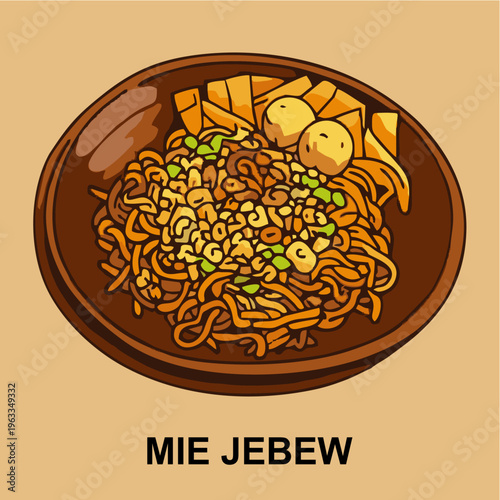 Indonesian Spicy Noodle Mie Jebew Vector Illustration with Meatballs and Dumplings