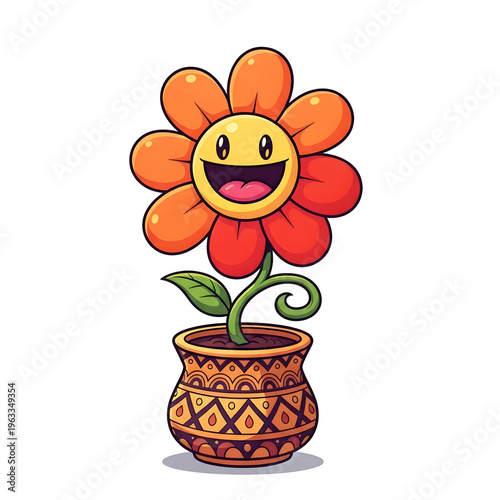 A vibrant cartoon flower with a smiley face in a colorful pot on a white background, symbolizing happiness and joy in a playful illustration style.