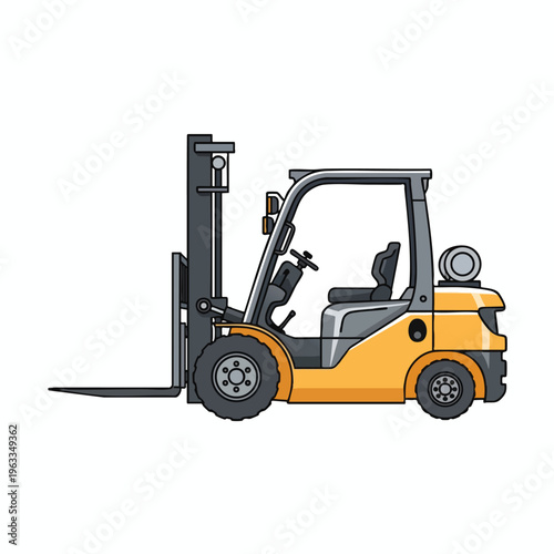 Side view of a yellow forklift truck with a raised mast and forks