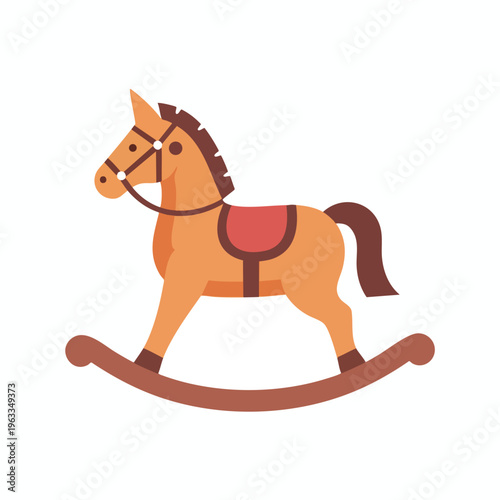 A simple orange rocking horse toy with brown mane and saddle