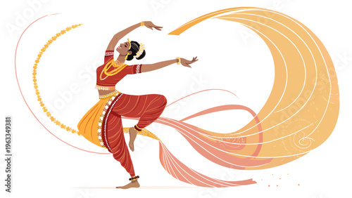 Classical Indian Dancer Vector Illustration, Woman Performing Kathak Dance in Traditional Dress with Dynamic Circular Fabric Motion for Cultural Design