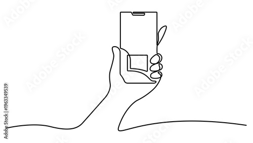 Continuous one line drawing mobile banking payment. Mobile cellphone banking app. Hand hold smartphone. Smartphone Cash Payment Credit Card Money. Vector illustration
