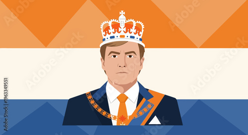 A clean flat design illustration featuring a stylized, iconic portrait of King Willem-Alexander, adorned with a subtle crown and set against a minimalist orange, white, and blue background.