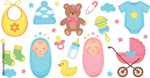 Cute baby shower vector set with newborn items, teddy bear, stroller, pacifier, bottle and swaddled babies cartoon illustration