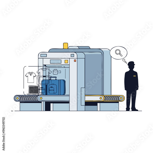 Security scanner inspects luggage and laptop; guard thinks of search
