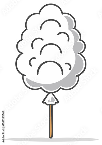 Fluffy white cotton candy on a stick, a simple vector illustration of a sweet carnival treat