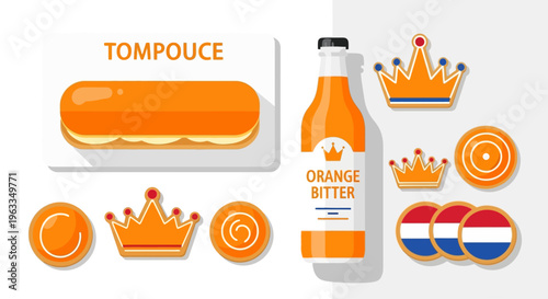 An inviting flat design illustration showcasing a delicious spread of King's Day themed food and drinks, including traditional orange pastries and beverages.