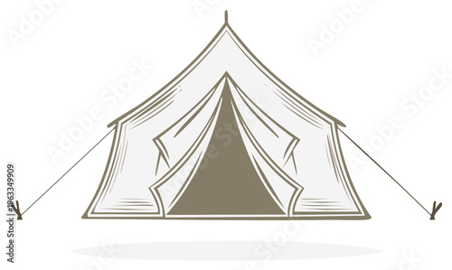 Camping Tent Illustration: Vintage canvas tent design with open entrance, vector drawing for camping themes.