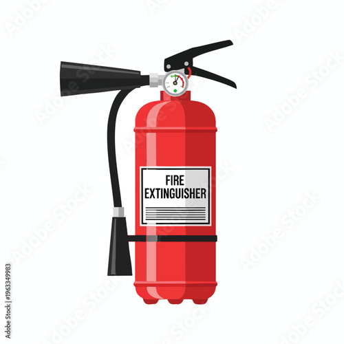 Red fire extinguisher with a pressure gauge and black nozzle, isolated on white