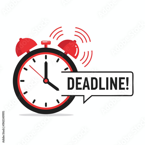 Red alarm clock ringing with a speech bubble saying DEADLINE!