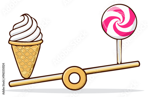 Balancing Ice Cream Cone and Lollipop on a Seesaw, Sweet Dessert Comparison Concept, Cartoon Illustration