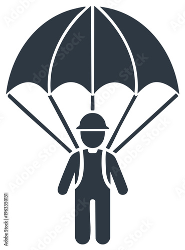 Parachuting silhouette with a person wearing overalls and a helmet, flat icon