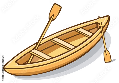 Simple wooden canoe or rowboat with oars isolated vector illustration