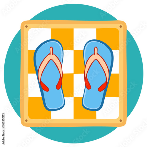 Cartoon illustration of blue flip-flops on a yellow checkered beach towel