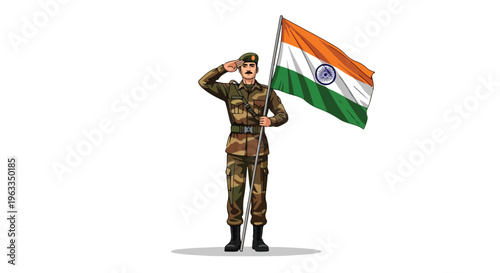 Illustration of an Indian soldier saluting while holding the Indian flag on a white background with a patriotic mood.