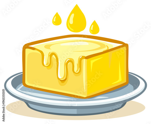 Melting Butter on a Plate with Dripping Golden Drops Warm and Delicious Food Ingredient