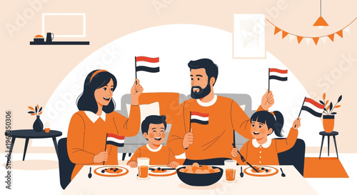 A heartwarming flat design illustration depicting a happy family in orange attire, celebrating King's Day at home with flags and a festive meal in a cozy living room.