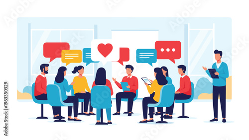 Support group members sit in a circle for an important therapy session led by a counselor to discuss mental health and emotional well being.