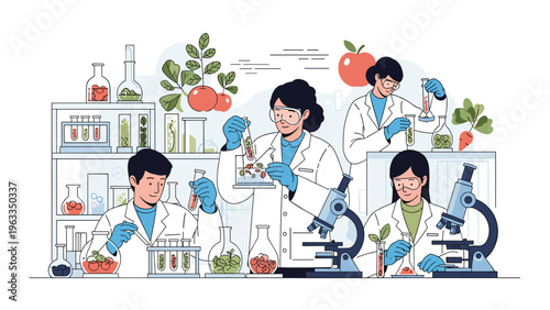 Professional scientists in a modern laboratory perform advanced research on plant based nutrition and agricultural biotechnology.