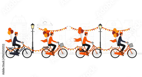 A festive flat design illustration of a King's Day bicycle parade, with each bike adorned in vibrant orange flags, balloons, and garlands, celebrating the national holiday.