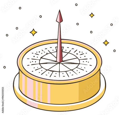 Cartoon compass with needle pointing upwards amidst shining stars conveying direction discovery and exploration concept
