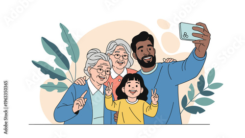 Happy diverse family members gather together to take a fun group selfie using a modern smartphone while posing for the camera.