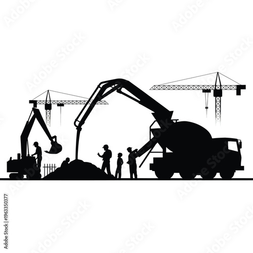 Construction site silhouette featuring concrete mixer cranes and workers