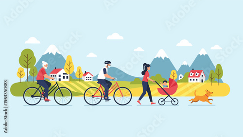 People of different ages enjoy healthy outdoor activities like cycling and walking through a scenic countryside with mountains.