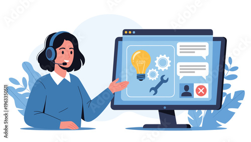 Professional customer support woman wearing a headset while helping a client with technical issues using a modern computer interface and tools.