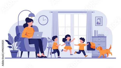 Busy mother working from home on her laptop while her three active young children and pet dog play energetically around her in the living room.