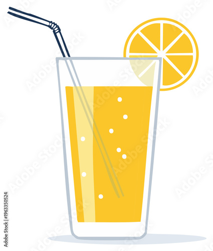 Refreshing orange juice with a straw and orange slice in a tall glass illustration