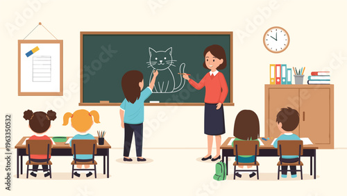 Primary school teacher supervising a young girl student drawing a cat on a green blackboard while other classmates watch from their wooden desks.