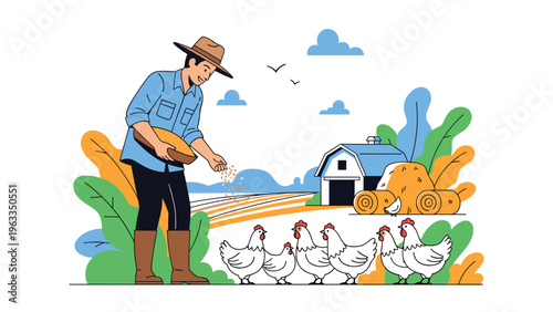 Happy male farmer wearing a hat and blue shirt while scattering grain to feed a group of white chickens on a sunny day at a scenic rural farm.