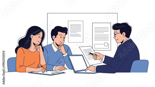 Professional financial advisor explaining important contract details to a young couple during a formal business meeting in an office setting.