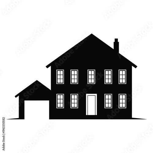 Simple black silhouette of a two story house with a carport