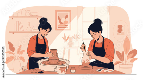 Two creative women working together in a pottery studio while shaping clay on a wheel and painting ceramic vases with focused artistic attention.