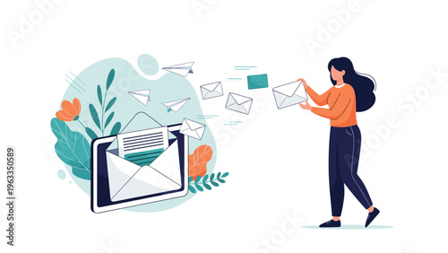 Young woman sending multiple digital emails represented as paper planes and envelopes from the screen of a large modern tablet device interface.