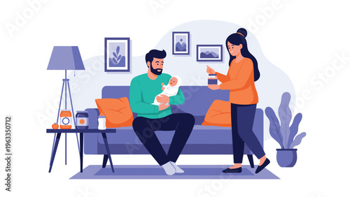 Loving new parents caring for their adorable infant baby in a cozy living room while preparing baby food and formula together on a table.