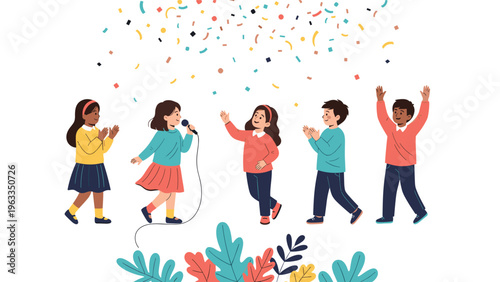 Group of diverse happy children performing together on a stage with a young girl singing into a microphone under colorful falling confetti.