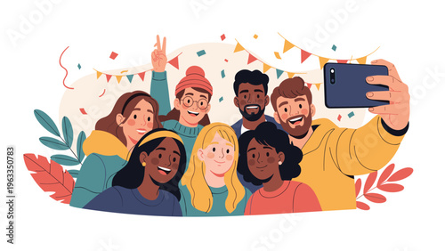 Diverse group of happy friends taking a selfie together with a smartphone during a festive party with colorful flags and falling confetti.