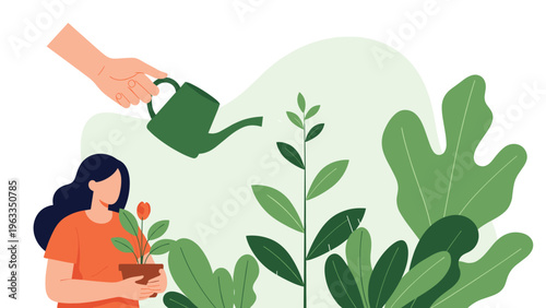 Young woman holding a potted flower while a large hand waters green indoor plants with a watering can in a lush garden-themed setting.