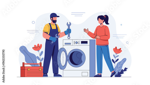 Professional repairman with tools explaining a technical issue to a female client while fixing a washing machine in a modern laundry room.